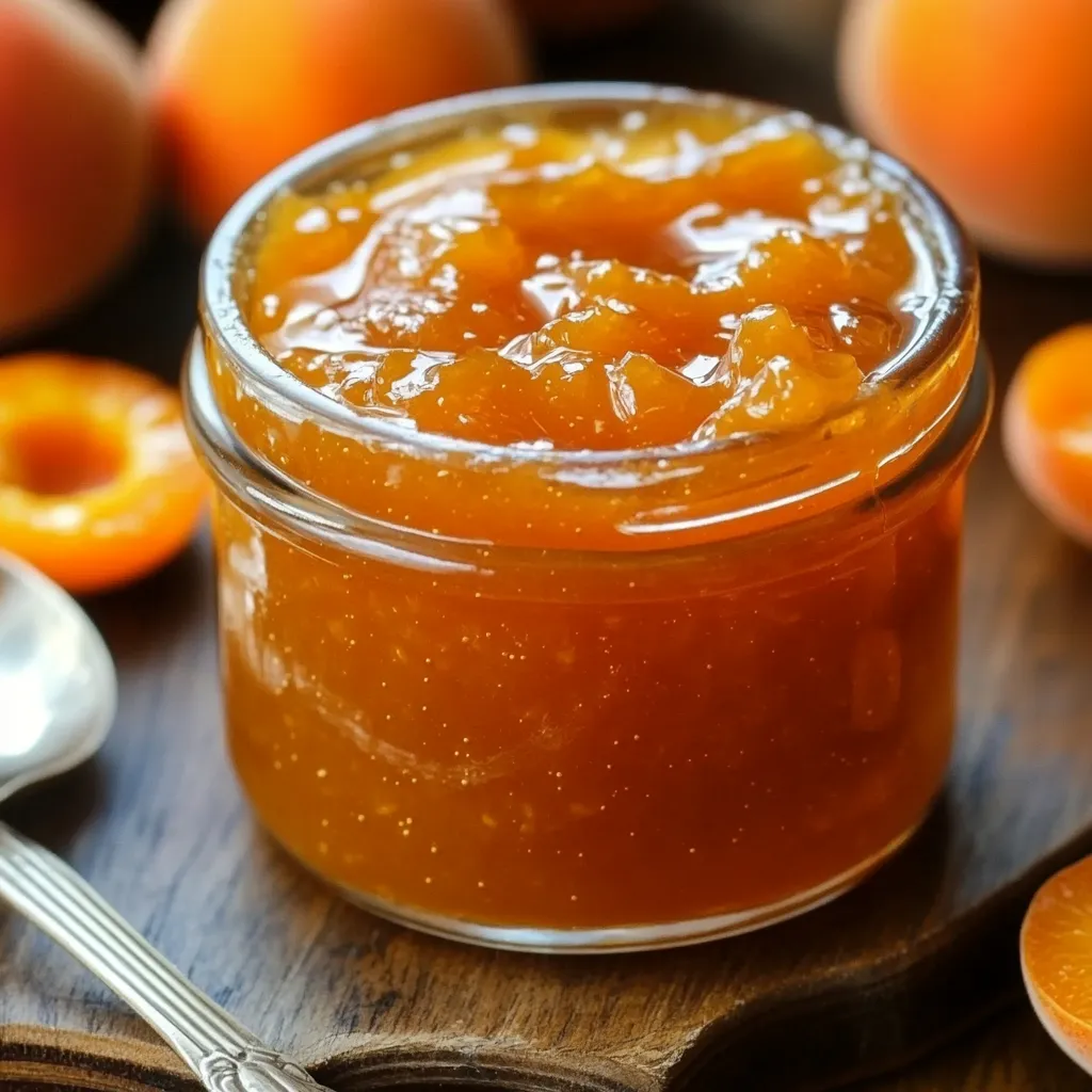 Confiture d’abricots sans sucre servie dans un pot en verre sur une table en bois avec une cuillère.