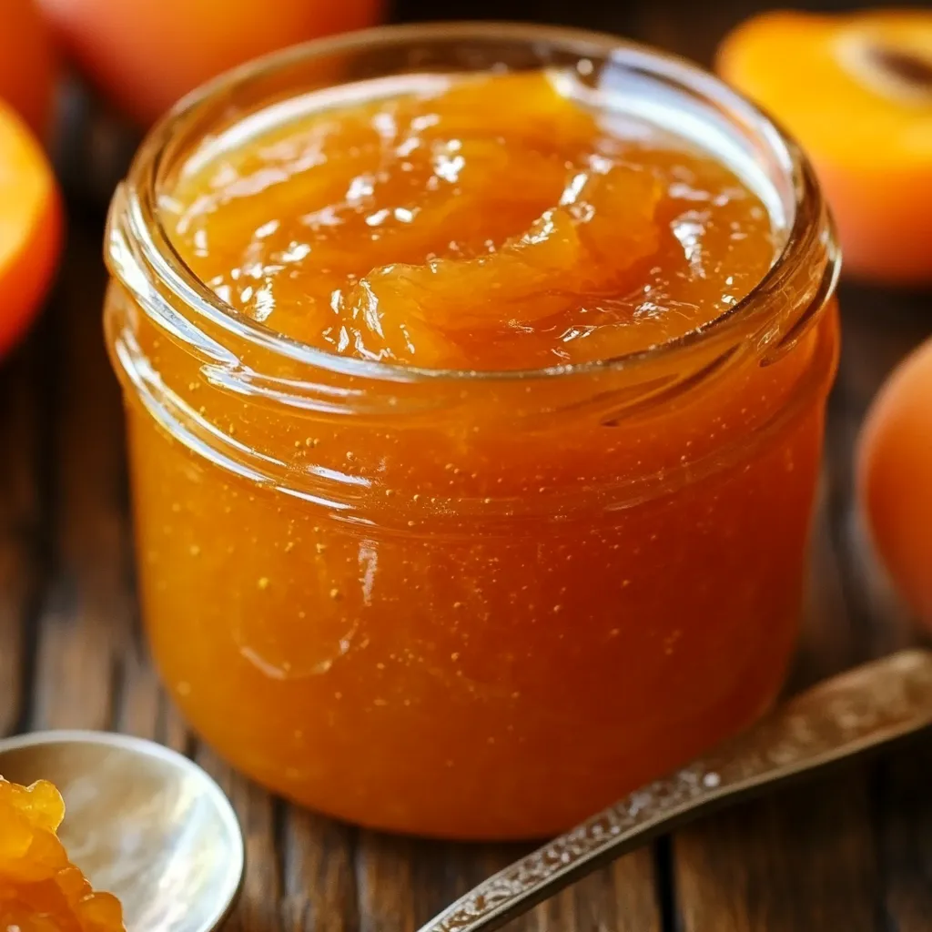 Confiture d’abricots sans sucre servie dans un pot en verre sur une table en bois avec une cuillère.