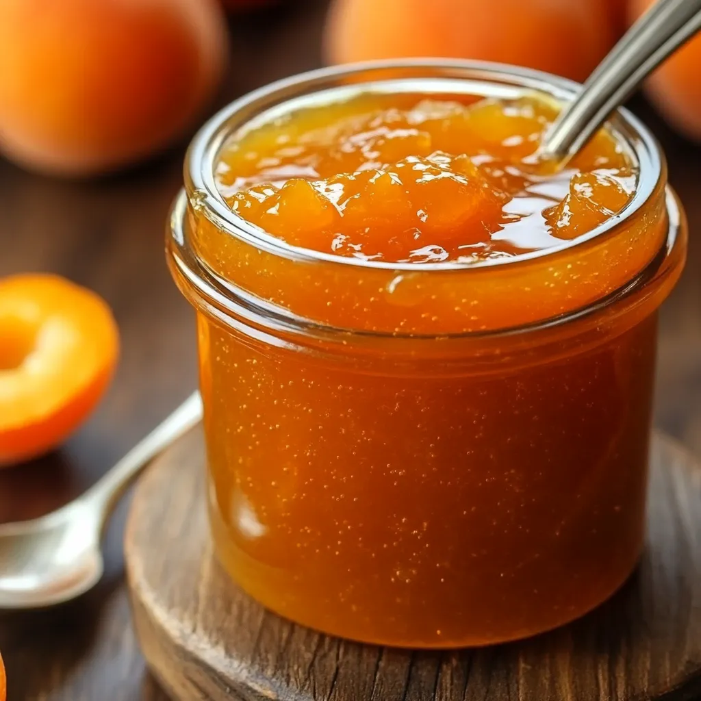 Confiture d’abricots sans sucre servie dans un pot en verre sur une table en bois avec une cuillère.