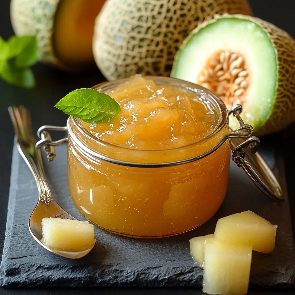 Confiture maison de melon au miel et gingembre dans un pot en verre