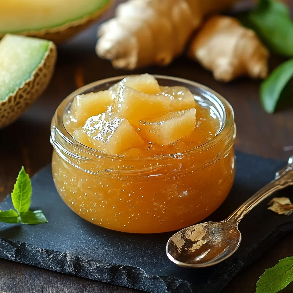 Confiture maison de melon au miel et gingembre dans un pot en verre