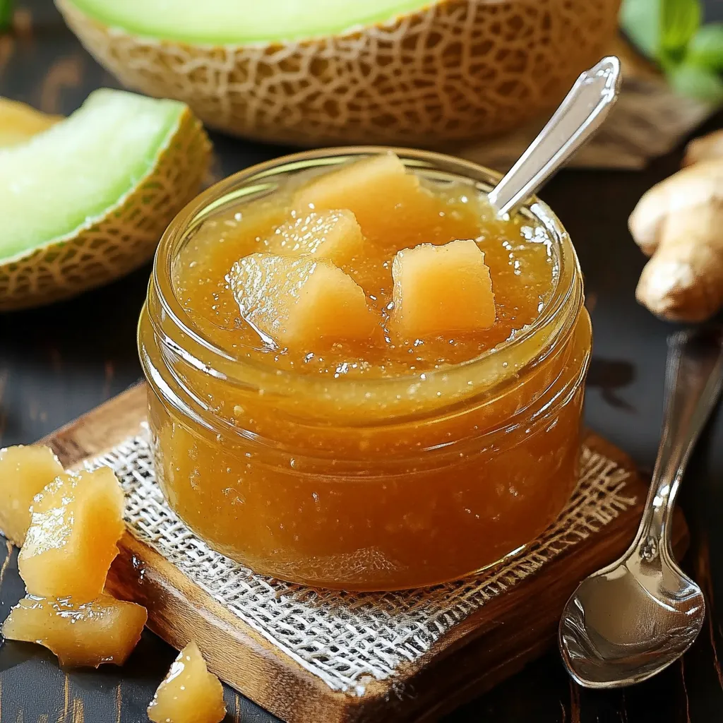 Confiture maison de melon au miel et gingembre dans un pot en verre