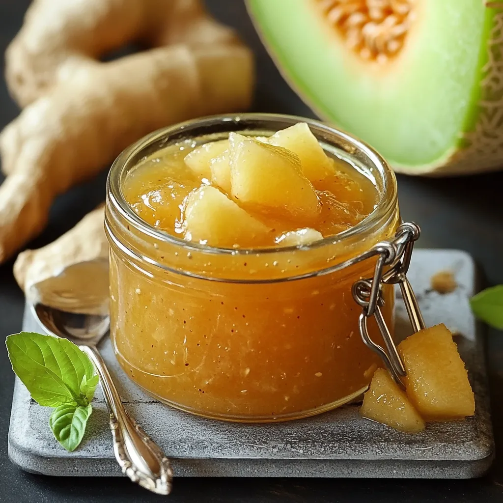 Confiture maison de melon au miel et gingembre dans un pot en verre