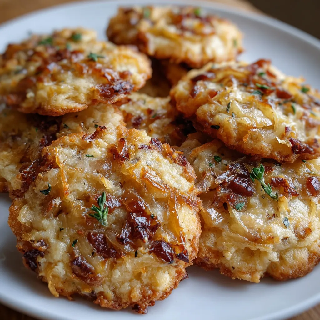 Cookies salés dorés au four avec comté fondant et oignons caramélisés, sur plaque de cuisson