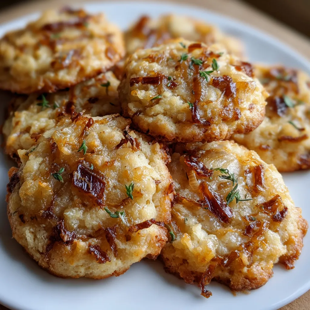Cookies salés dorés au four avec comté fondant et oignons caramélisés, sur plaque de cuisson