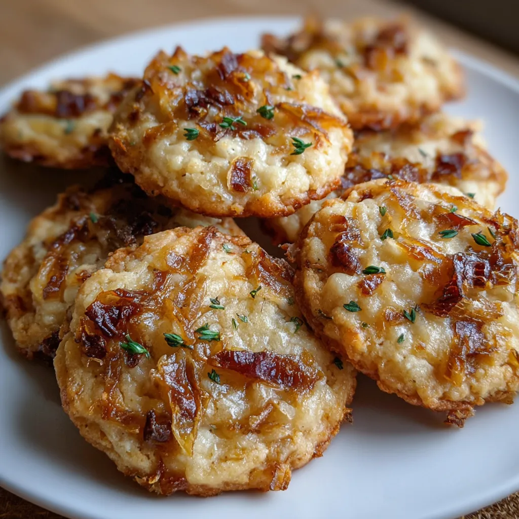 Cookies salés dorés au four avec comté fondant et oignons caramélisés, sur plaque de cuisson