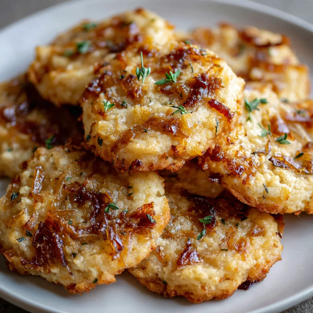 Cookies salés dorés au four avec comté fondant et oignons caramélisés, sur plaque de cuisson