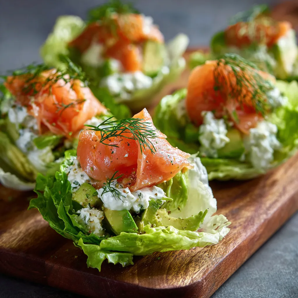 Coupelles de laitue garnies de truite fumée, avocat et fromage blanc