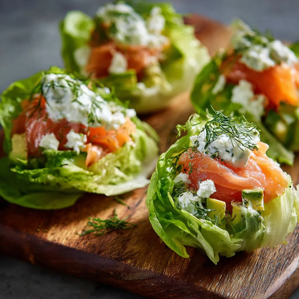 Coupelles de laitue garnies de truite fumée, avocat et fromage blanc