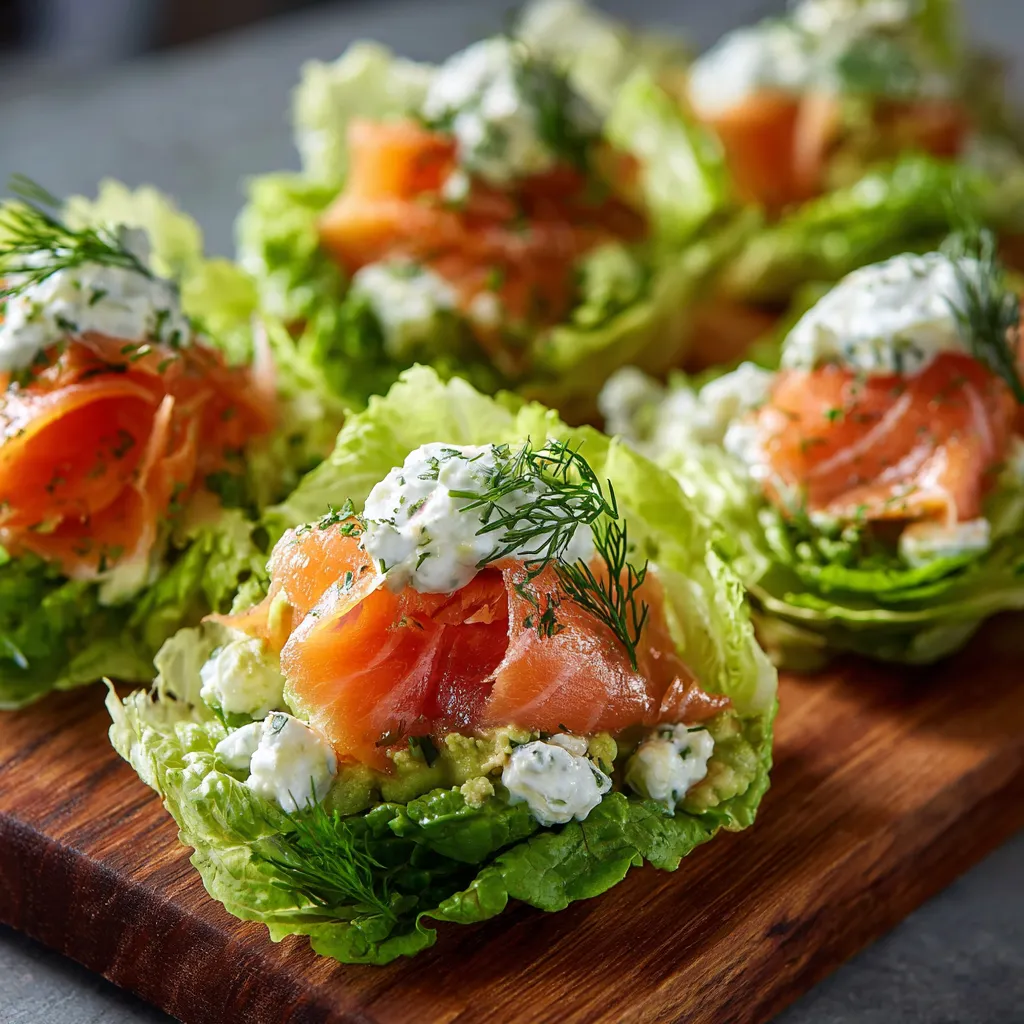 Coupelles de laitue garnies de truite fumée, avocat et fromage blanc