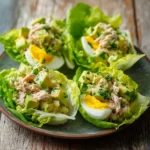 Coupelles de laitue garnies de thon, avocat et œufs durs sur assiette blanche
