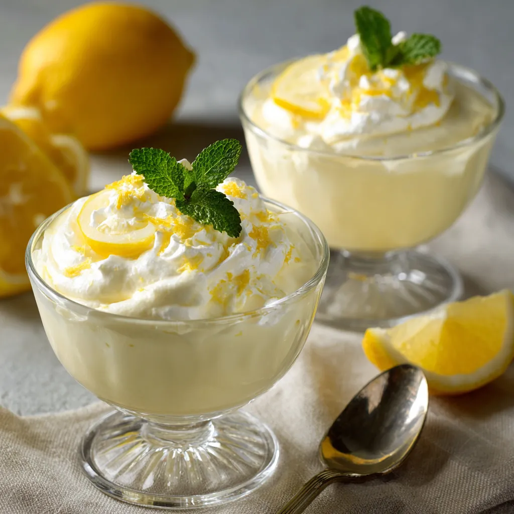 Mousse crémeuse au citron servie dans une verrine avec zeste et menthe fraîche