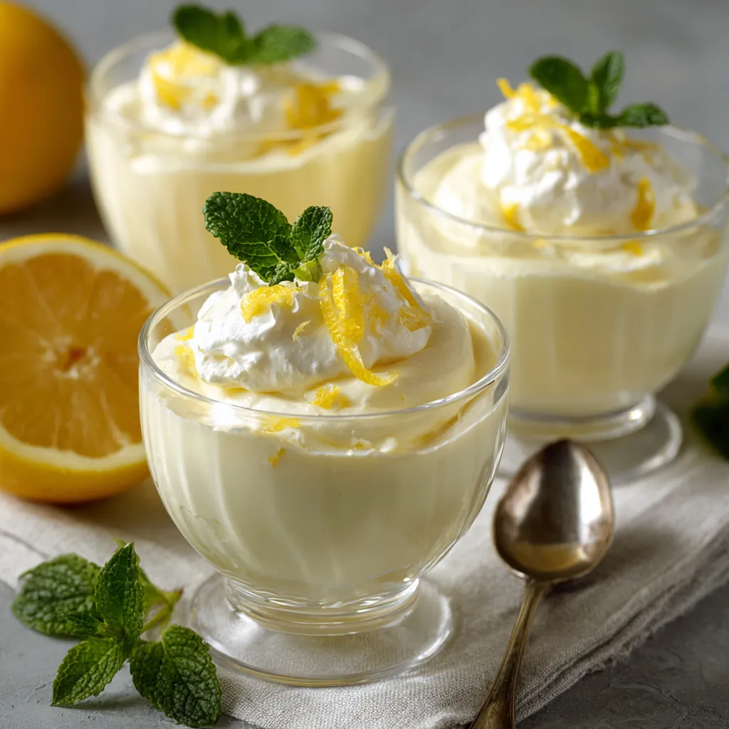 Mousse crémeuse au citron servie dans une verrine avec zeste et menthe fraîche