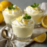 Mousse crémeuse au citron servie dans une verrine avec zeste et menthe fraîche
