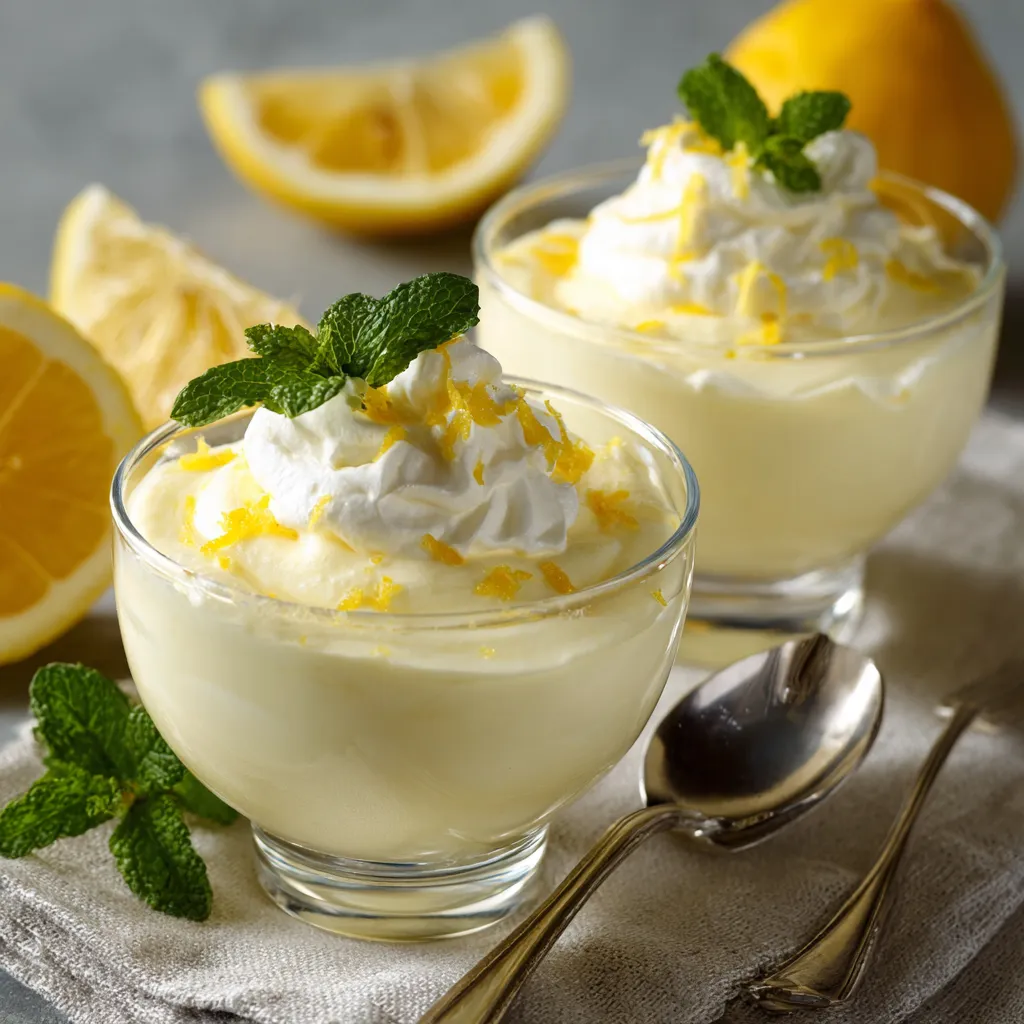 Mousse crémeuse au citron servie dans une verrine avec zeste et menthe fraîche