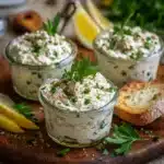 Crème minute au thon servie en verrines, accompagnée de pain grillé et légumes croquants