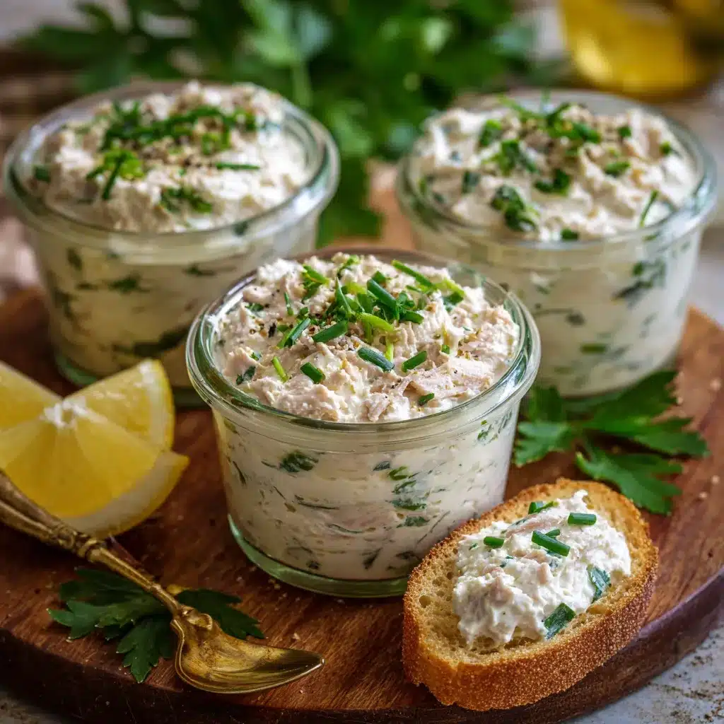 Crème minute au thon servie en verrines, accompagnée de pain grillé et légumes croquants