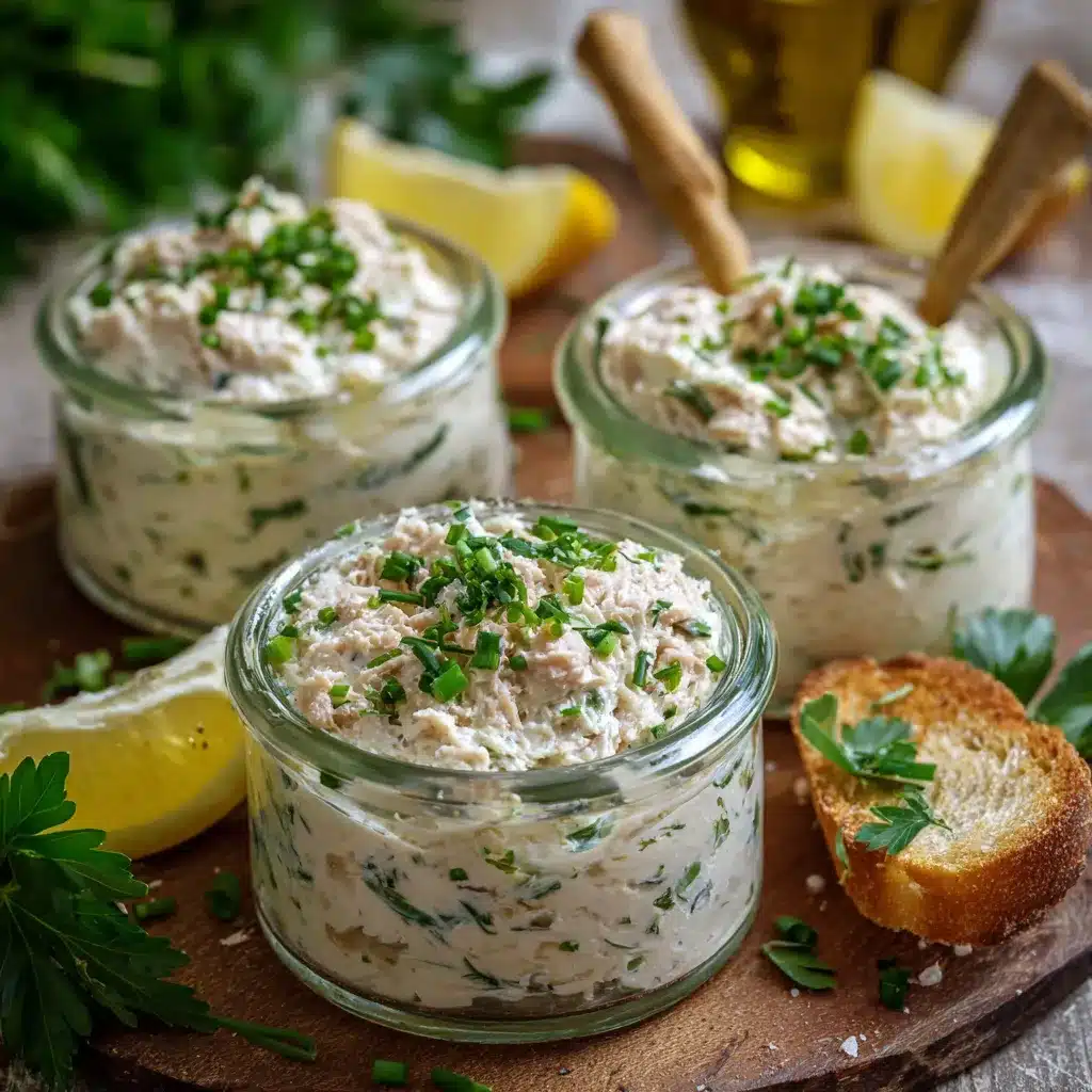 Crème minute au thon servie en verrines, accompagnée de pain grillé et légumes croquants