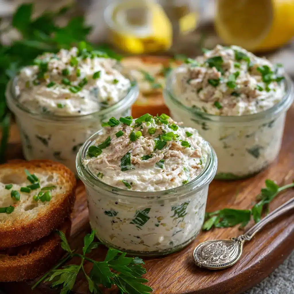 Crème minute au thon servie en verrines, accompagnée de pain grillé et légumes croquants