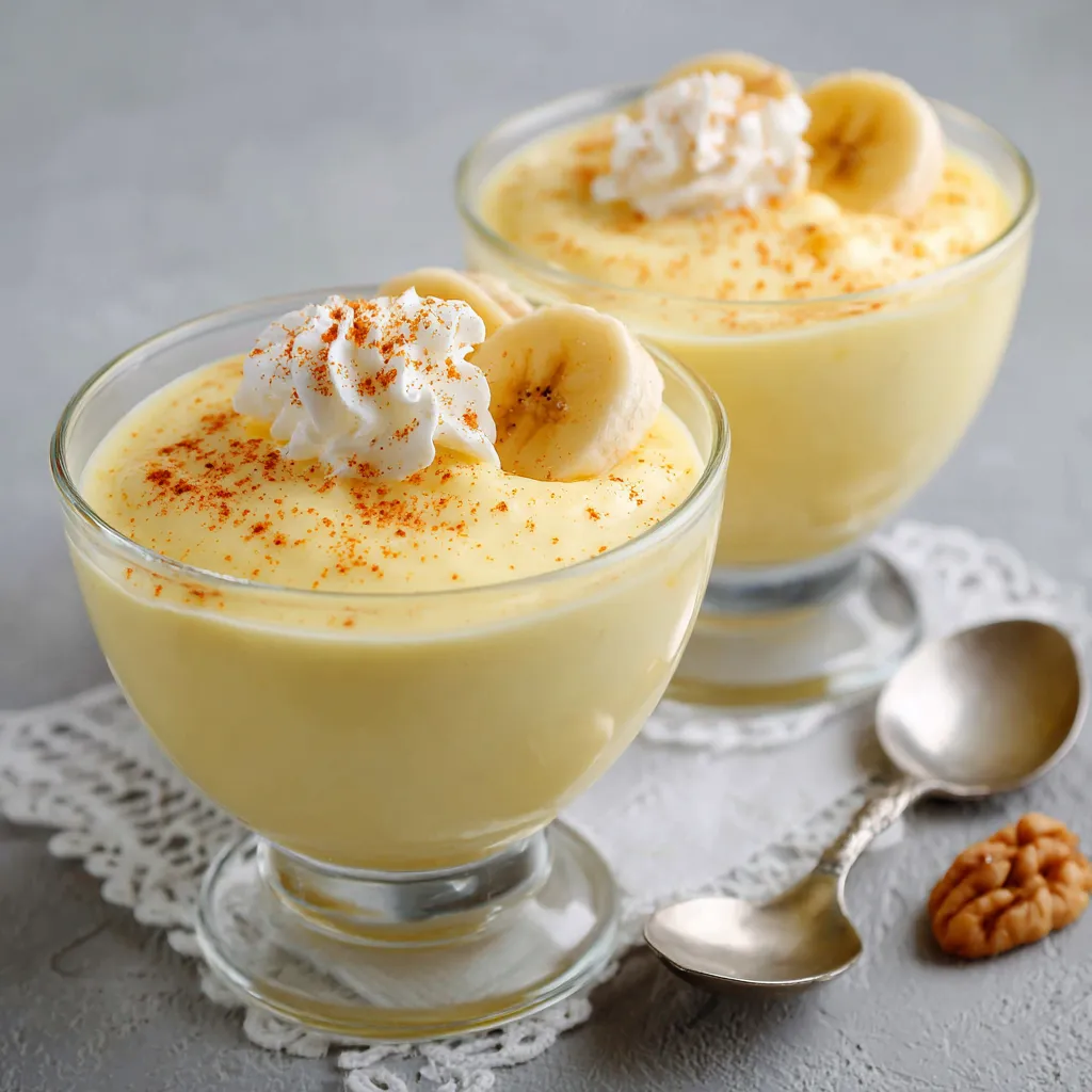 Verrine de crème à la banane onctueuse décorée de rondelles fraîches et éclats de noix