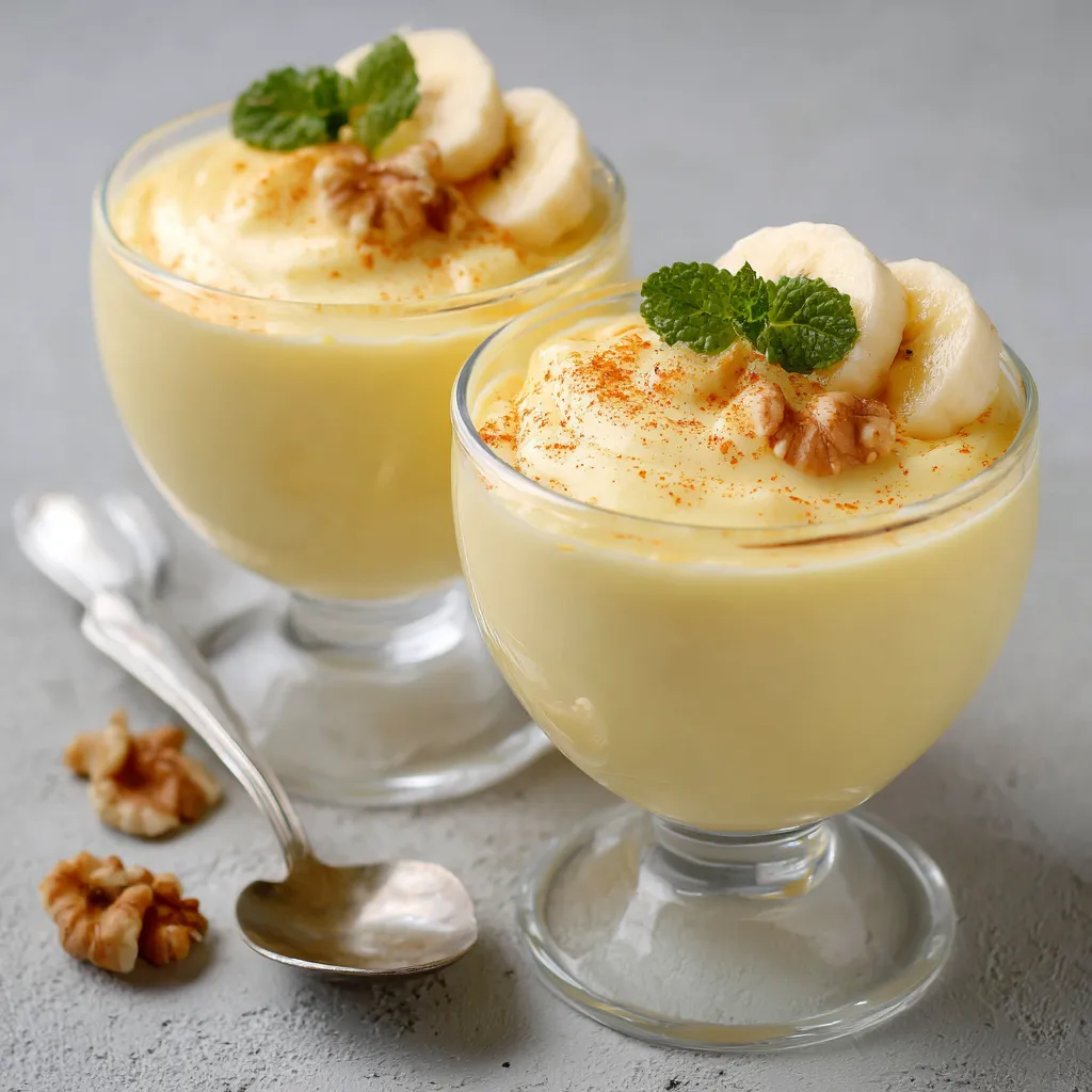 Verrine de crème à la banane onctueuse décorée de rondelles fraîches et éclats de noix