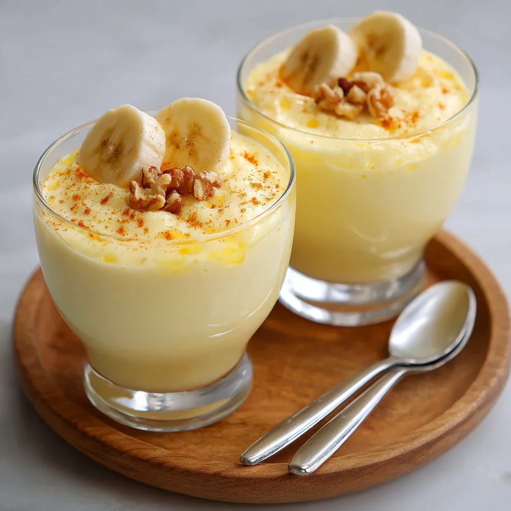 Verrine de crème à la banane onctueuse décorée de rondelles fraîches et éclats de noix
