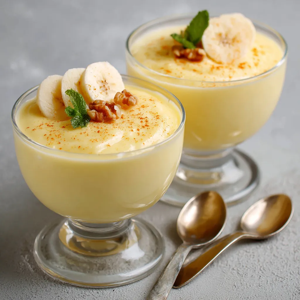 Verrine de crème à la banane onctueuse décorée de rondelles fraîches et éclats de noix