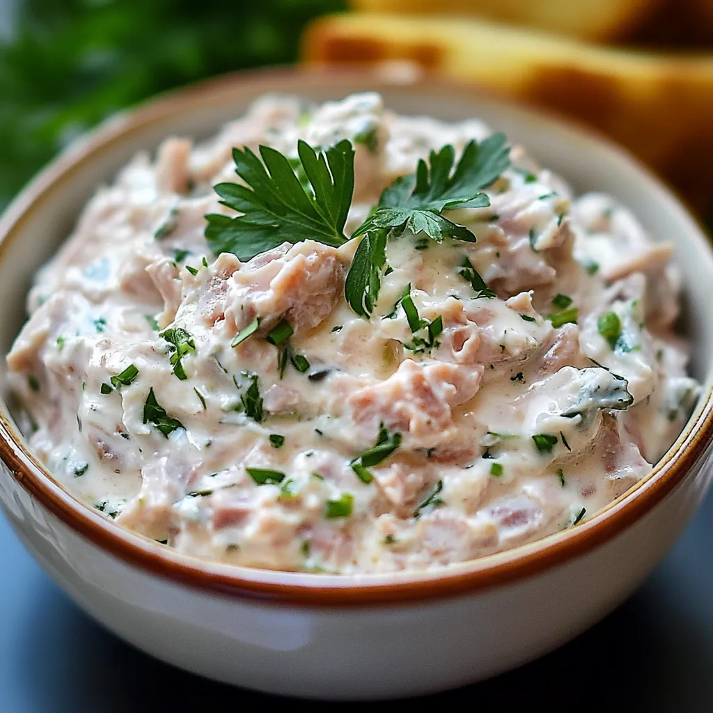 Bol de crème de thon maison à tartiner, présenté avec des toasts et des herbes fraîches