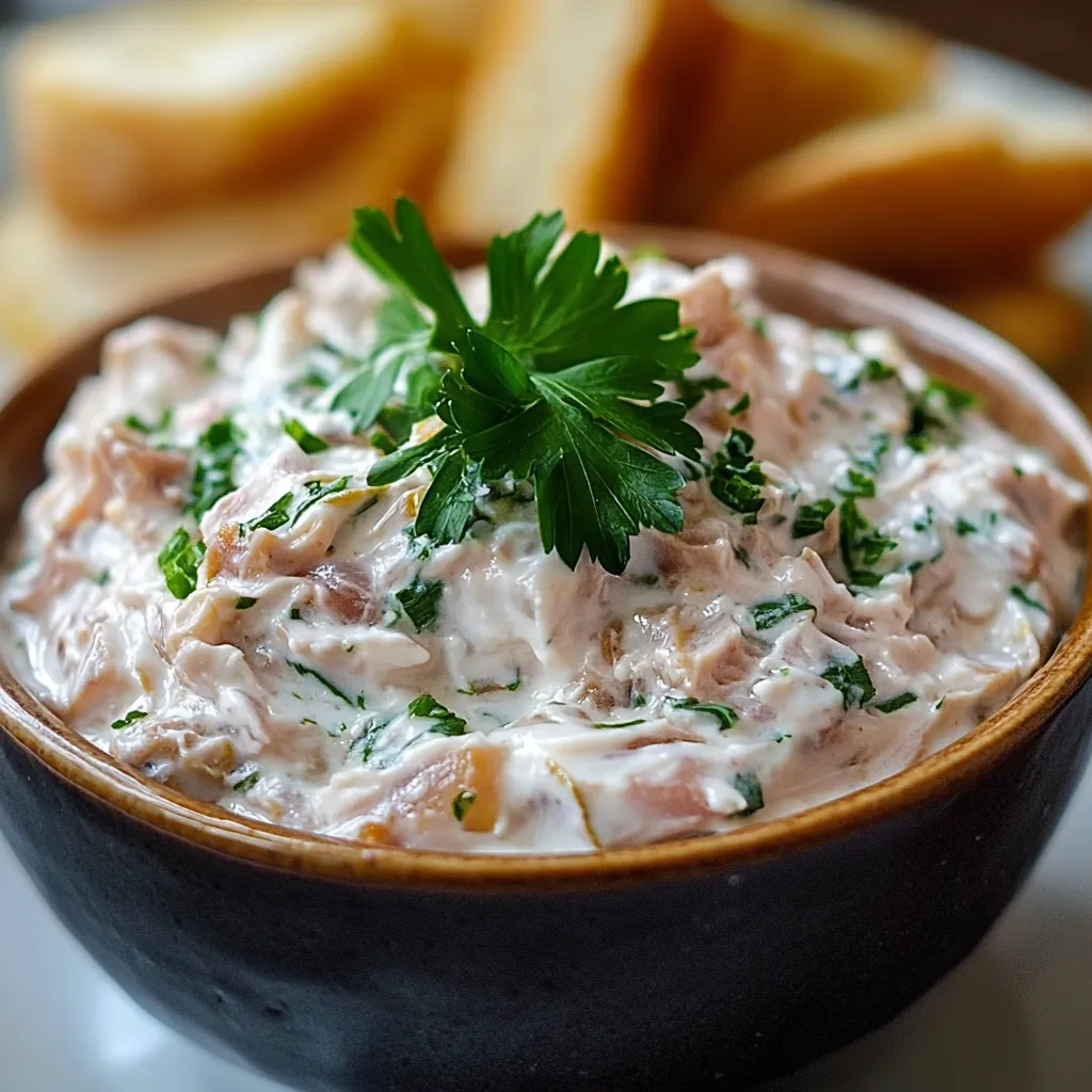 Bol de crème de thon maison à tartiner, présenté avec des toasts et des herbes fraîches