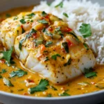Assiette de cabillaud mijoté au colombo avec sauce au lait de coco, accompagnée de riz blanc