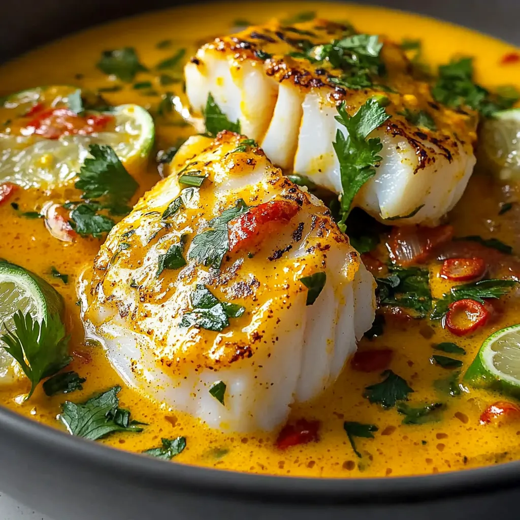 Assiette de cabillaud mijoté au colombo avec sauce au lait de coco, accompagnée de riz blanc