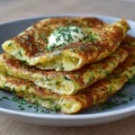 Crêpes de courgettes moelleuses servies sur une assiette avec salade verte