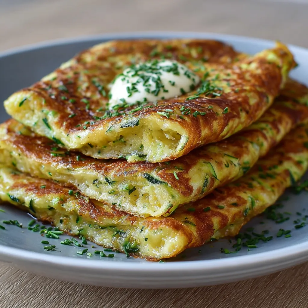 Crêpes de courgettes moelleuses servies sur une assiette avec salade verte