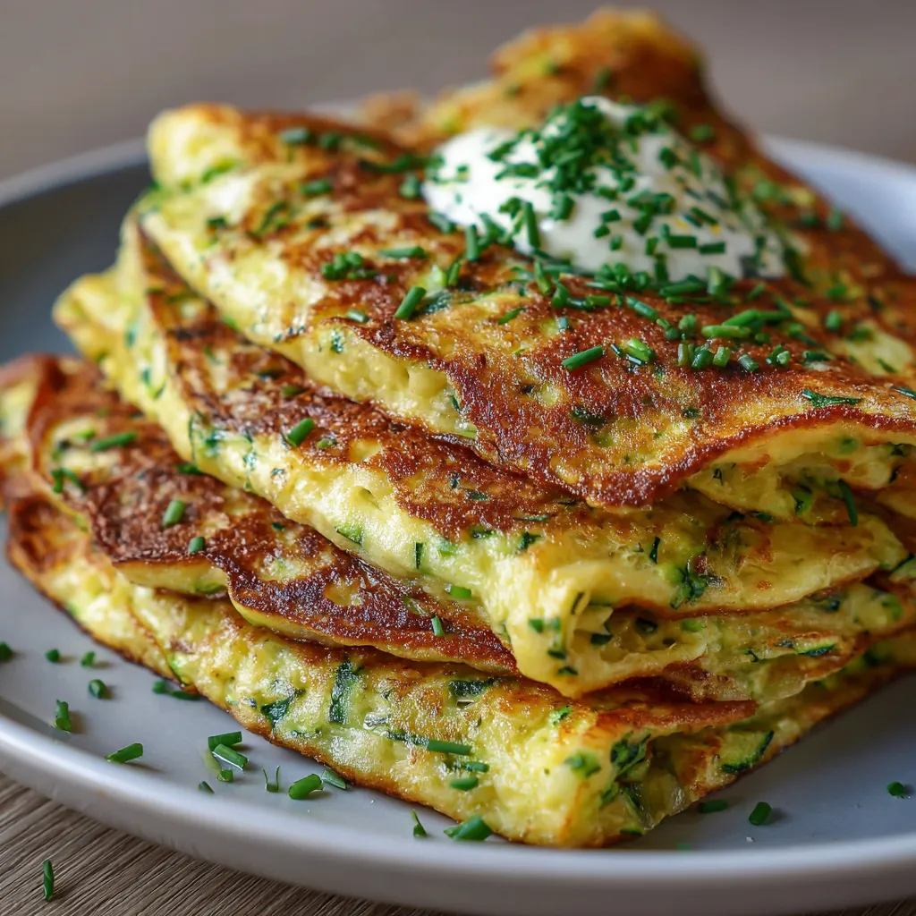 Crêpes de courgettes moelleuses servies sur une assiette avec salade verte