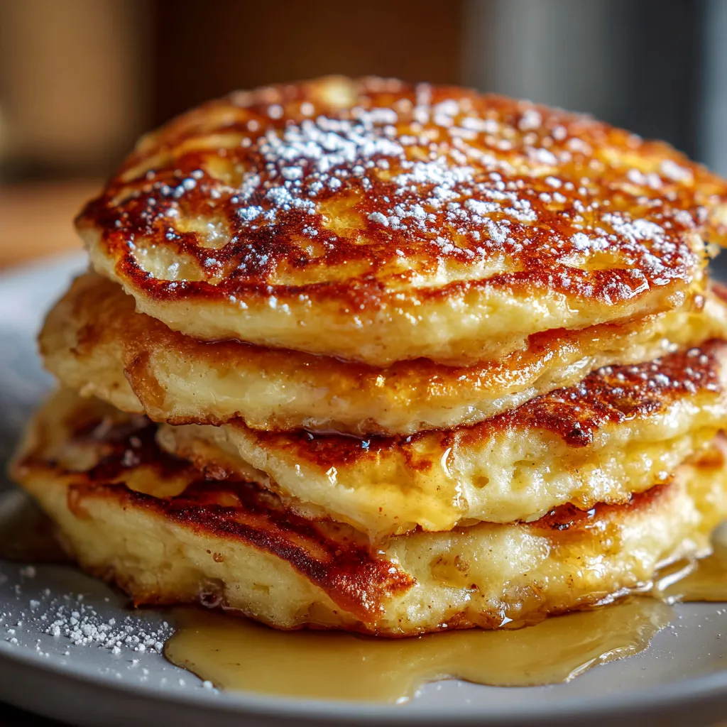 Crêpes levées aux pommes dorées à la poêle, servies avec sucre glace et crème fraîche