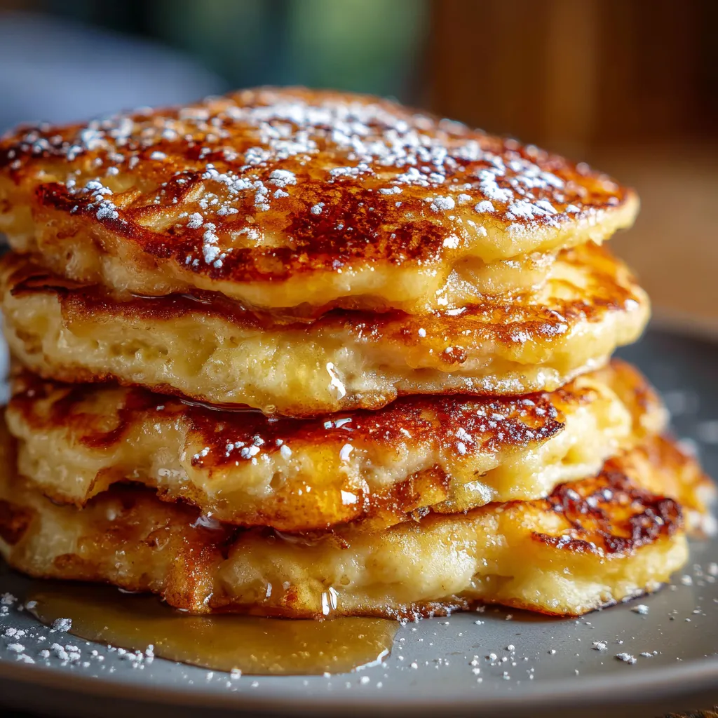 Crêpes levées aux pommes dorées à la poêle, servies avec sucre glace et crème fraîche