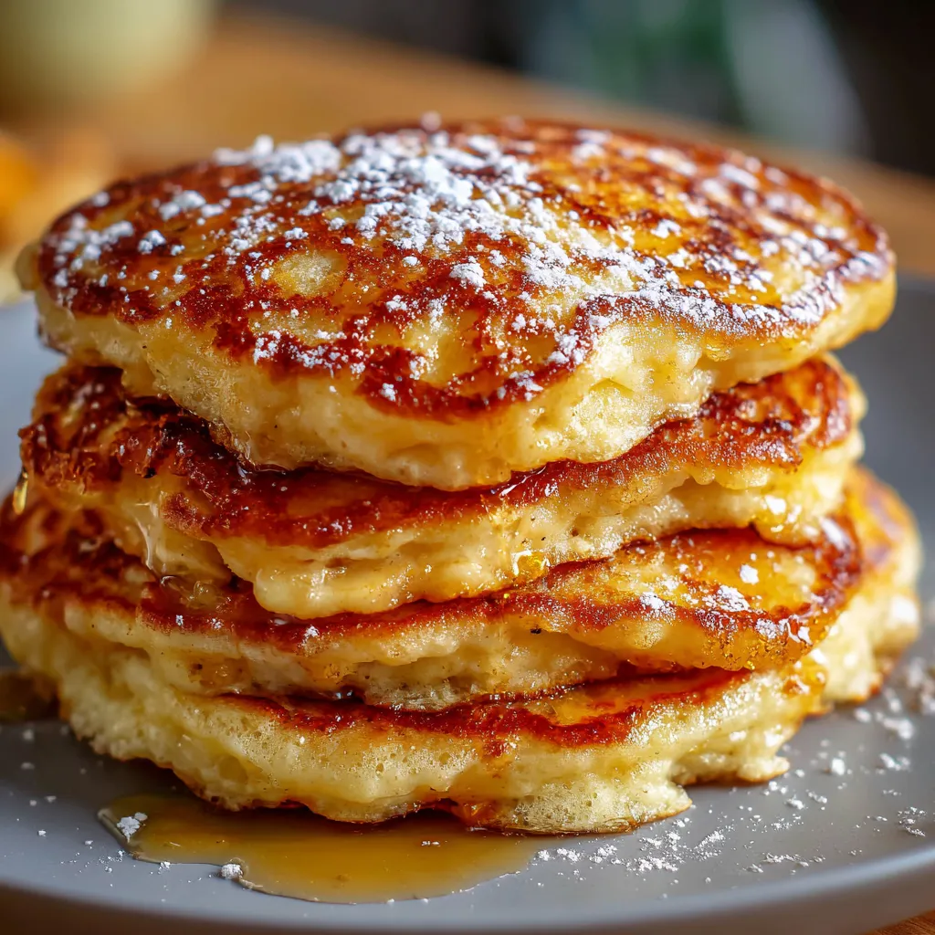 Crêpes levées aux pommes dorées à la poêle, servies avec sucre glace et crème fraîche