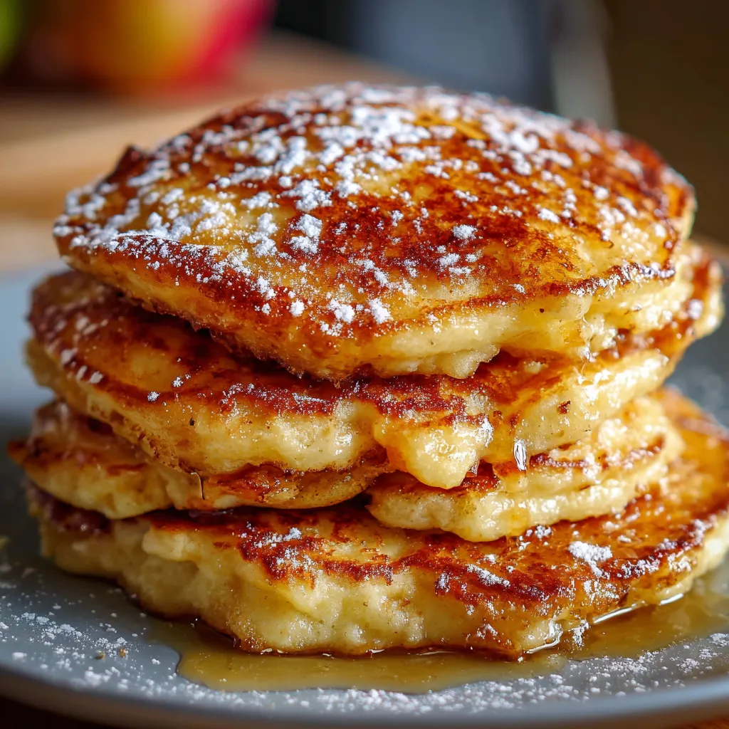 Crêpes levées aux pommes dorées à la poêle, servies avec sucre glace et crème fraîche