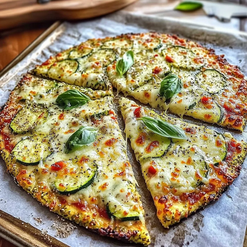 Croûte de pizza aux courgettes et graines de chia, dorée au four et garnie de légumes.