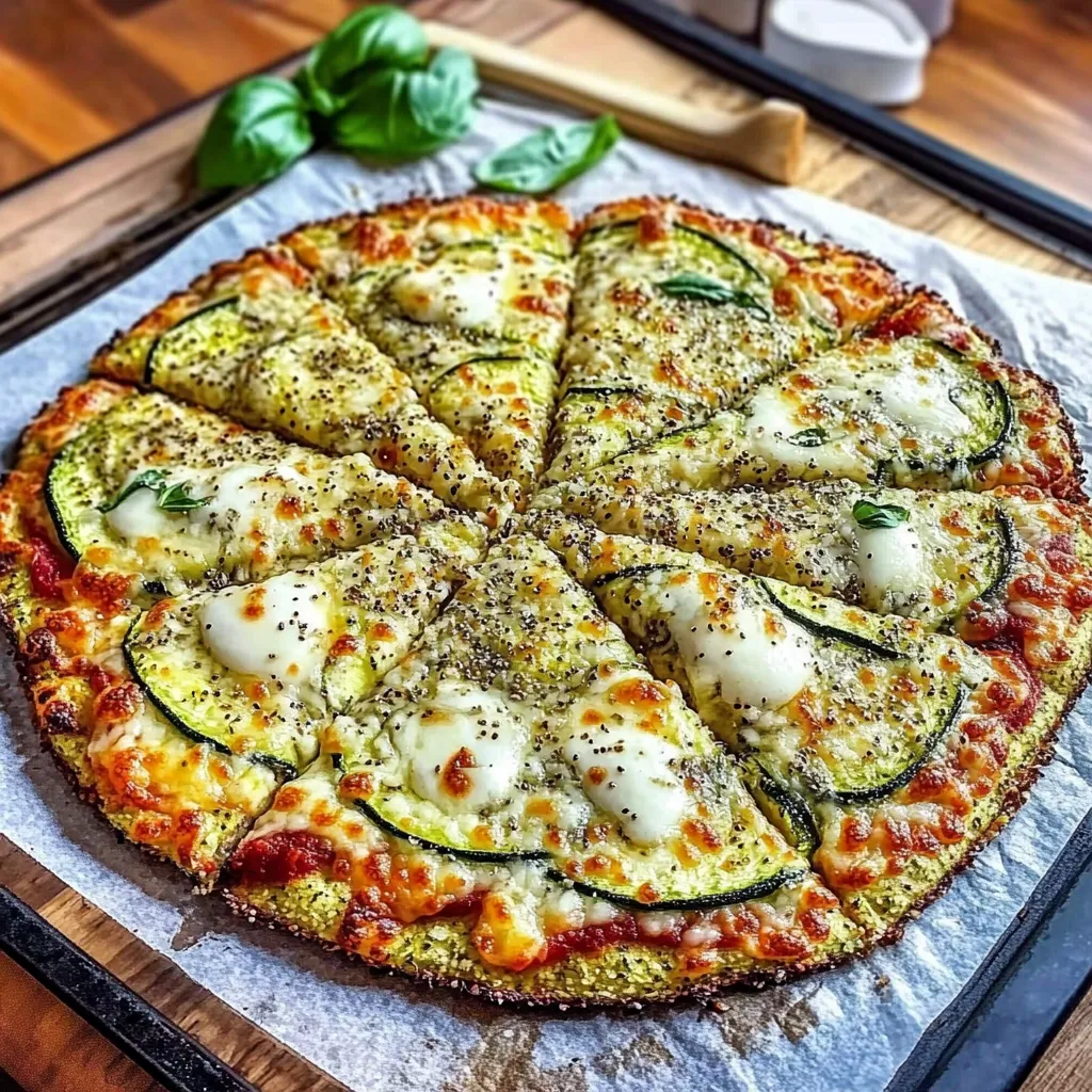 Croûte de pizza aux courgettes et graines de chia, dorée au four et garnie de légumes.