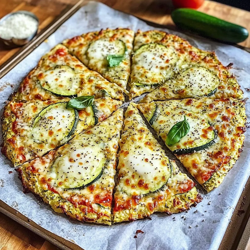 Croûte de pizza aux courgettes et graines de chia, dorée au four et garnie de légumes.