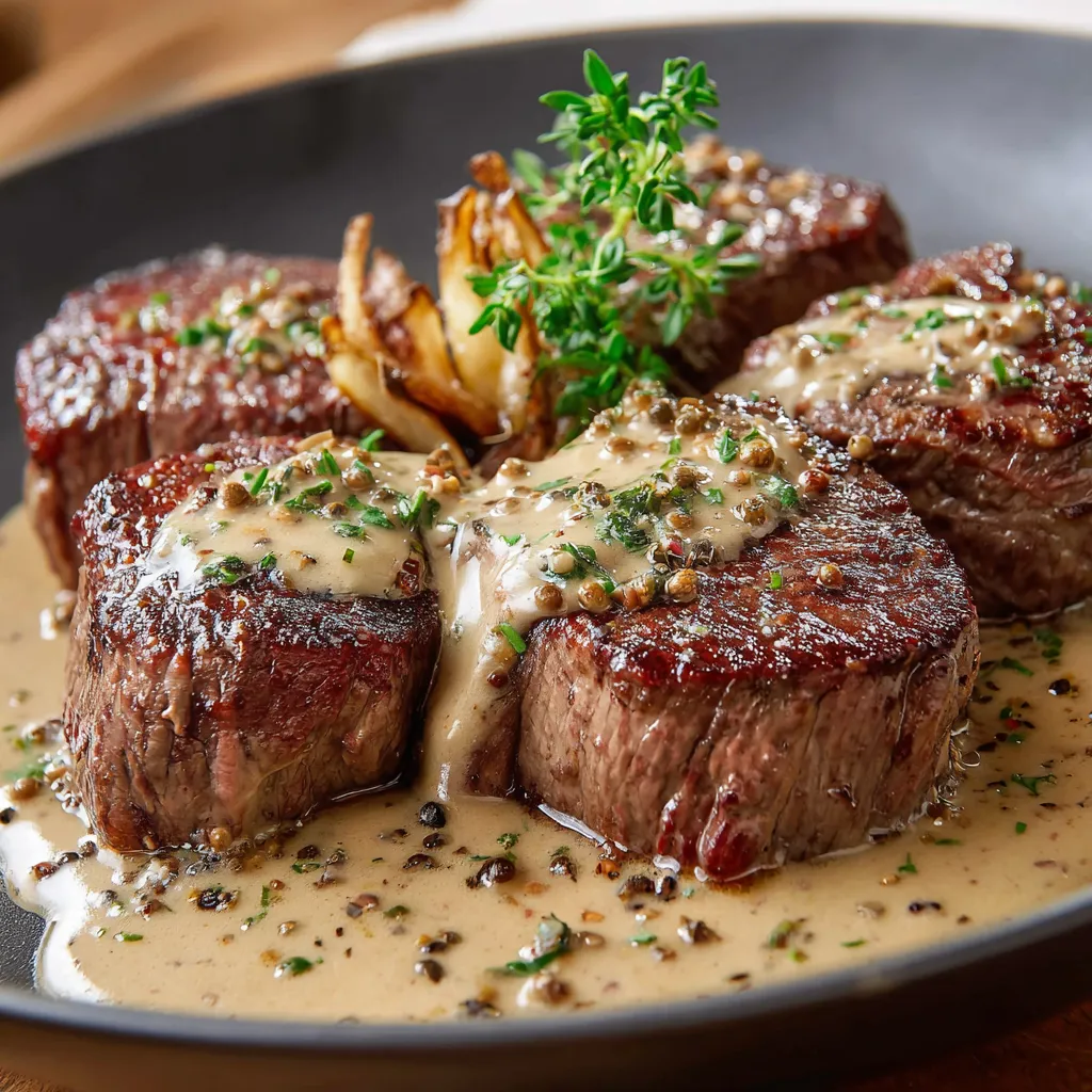 Steak de bœuf nappé de sauce au poivre maison avec échalotes