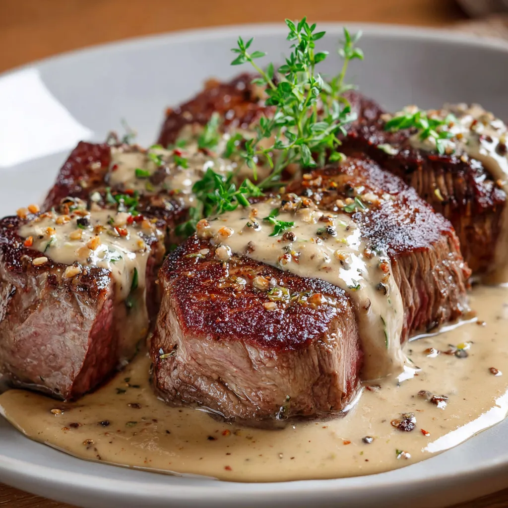 Steak de bœuf nappé de sauce au poivre maison avec échalotes