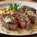 Steak de bœuf nappé de sauce au poivre maison avec échalotes