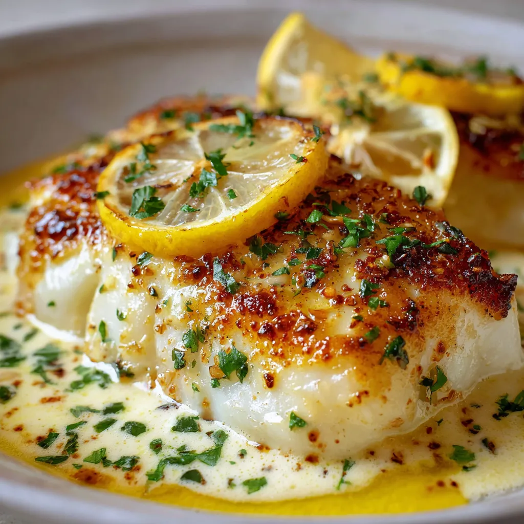 Dos de cabillaud nappé de sauce crémeuse au parmesan et citron, servi avec zestes et persil frais