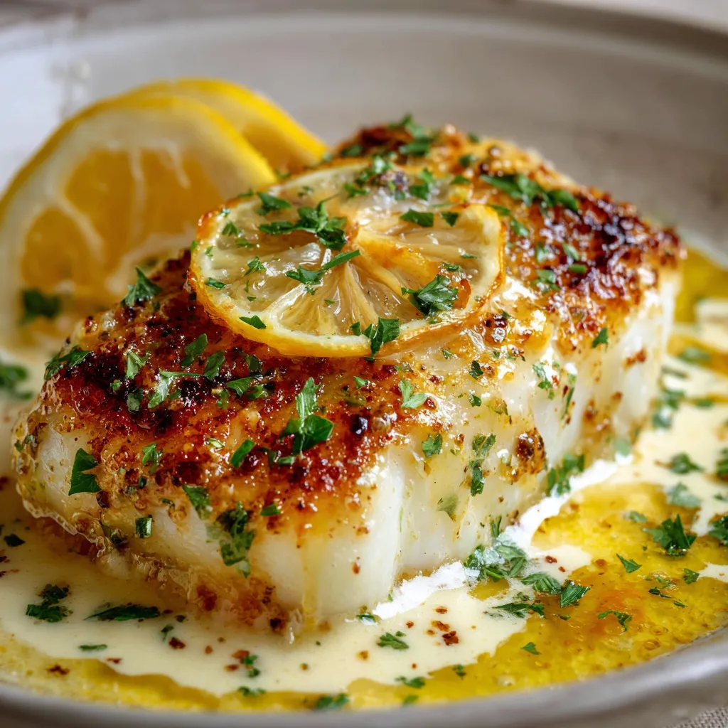 Dos de cabillaud nappé de sauce crémeuse au parmesan et citron, servi avec zestes et persil frais