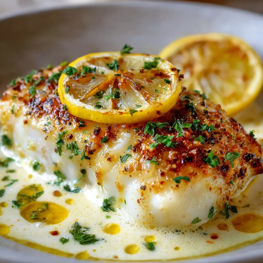 Dos de cabillaud nappé de sauce crémeuse au parmesan et citron, servi avec zestes et persil frais
