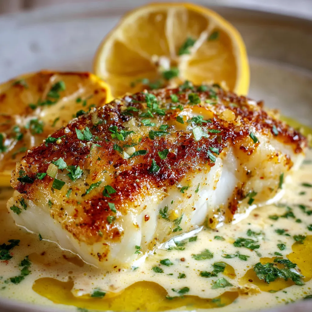 Dos de cabillaud nappé de sauce crémeuse au parmesan et citron, servi avec zestes et persil frais