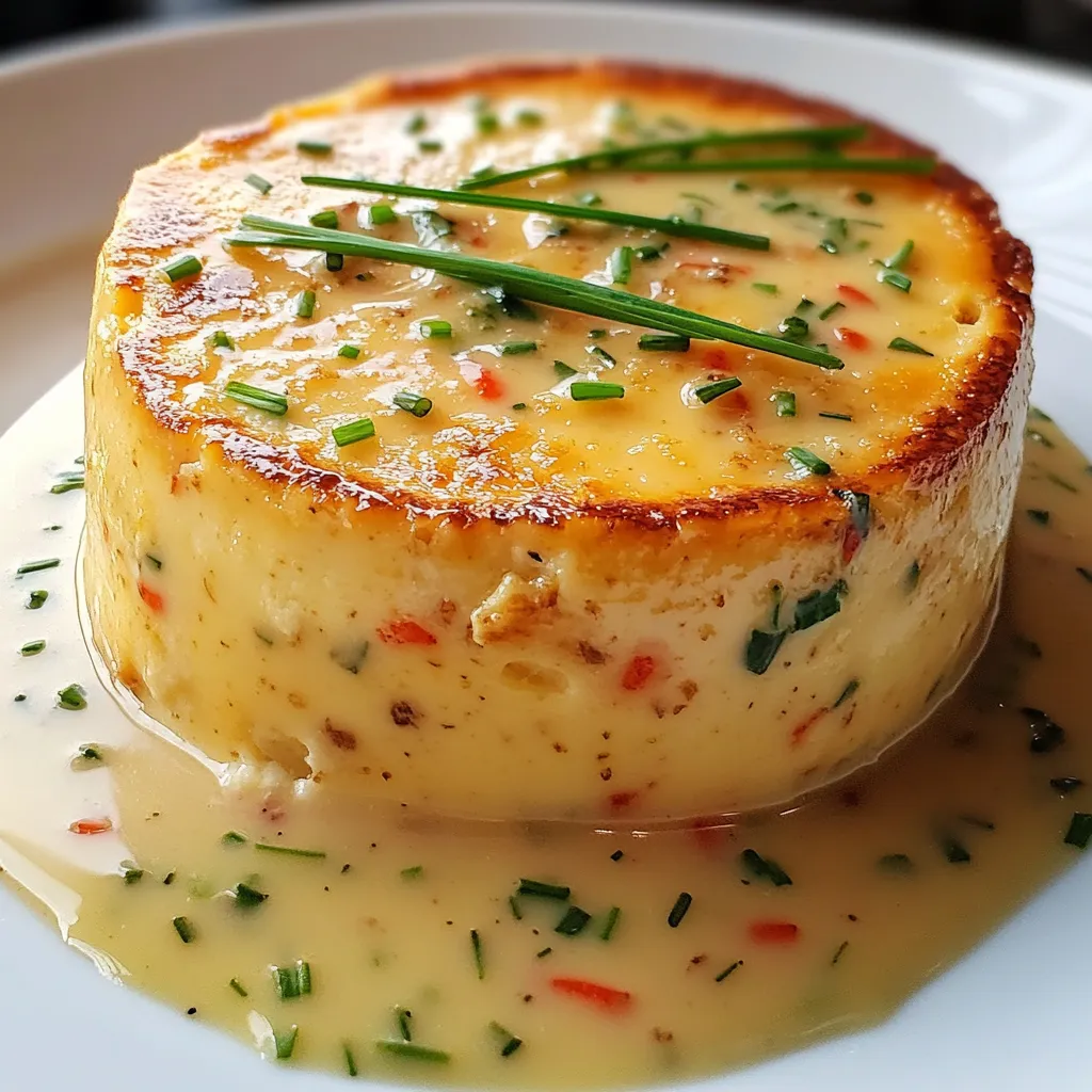Flan de crabe servi avec sauce à la ciboulette sur assiette blanche
