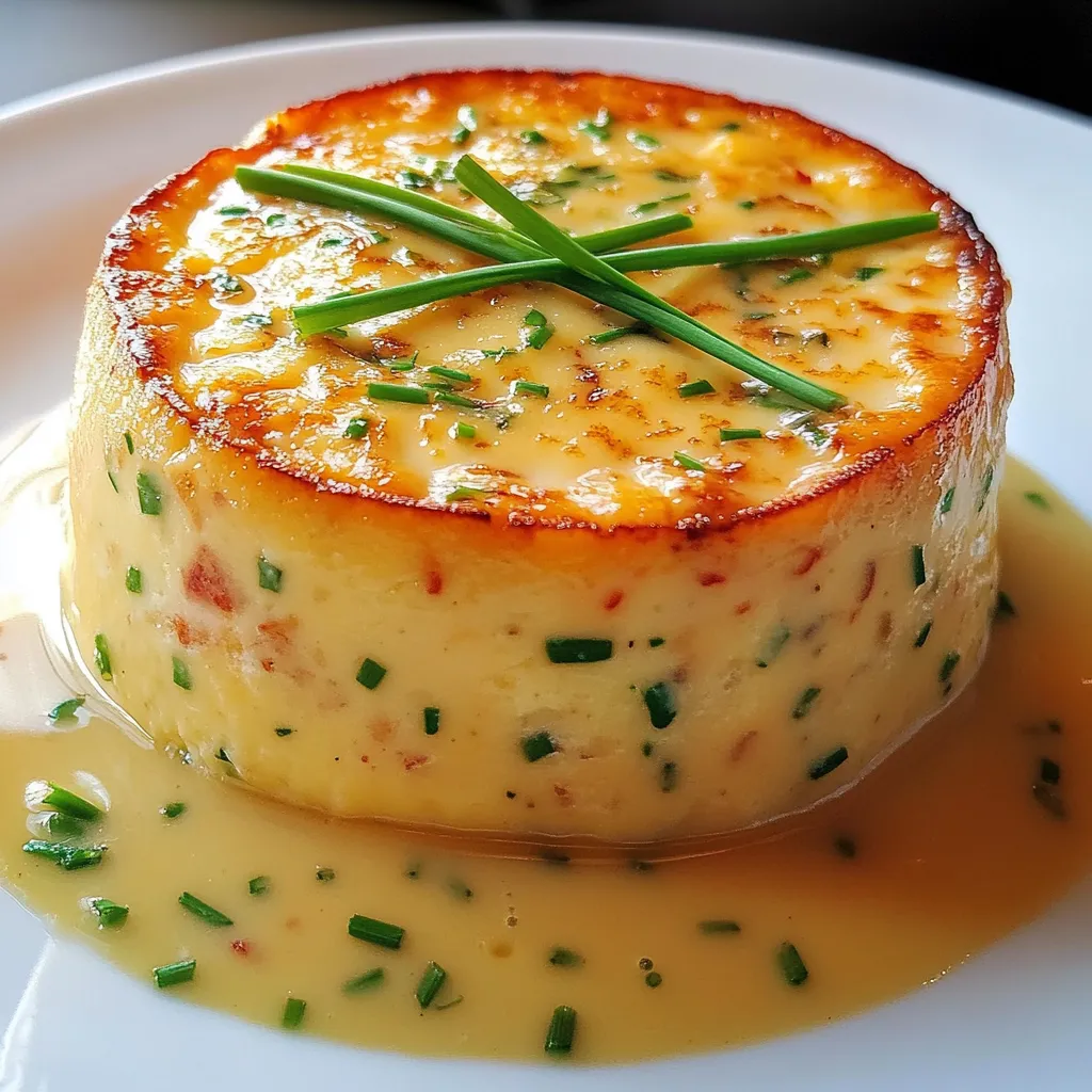 Flan de crabe servi avec sauce à la ciboulette sur assiette blanche